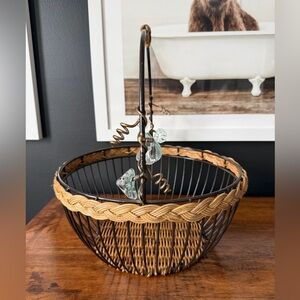 Woven Black Metal and Wood Basket with Glass Leaf Accents